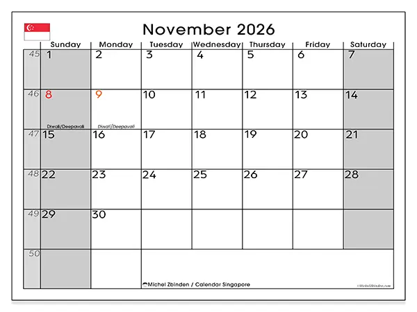 Printable November 2026 calendar - Singapore