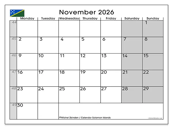 Printable November 2026 calendar - Solomon Islands