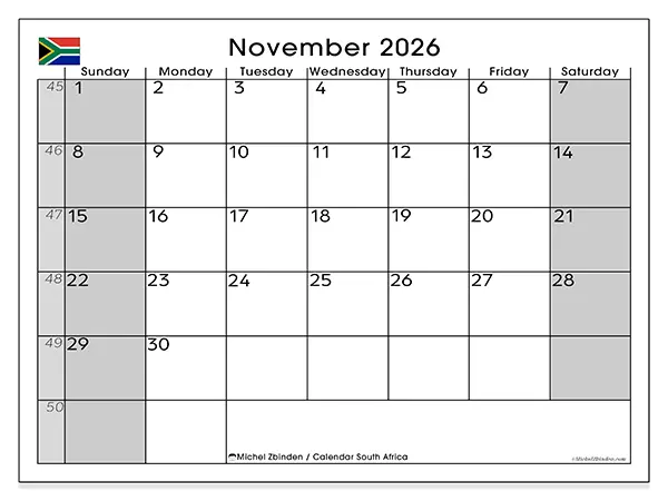 Printable November 2026 calendar - South Africa