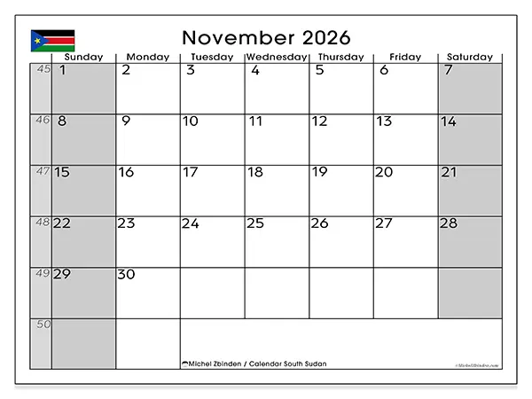 Printable November 2026 calendar - South Sudan