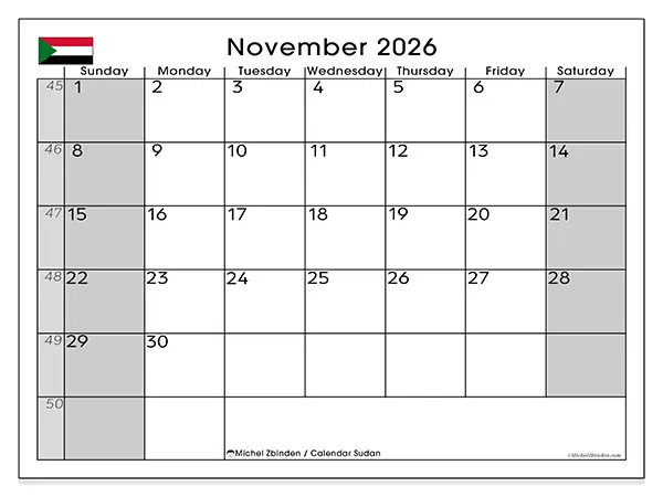 Printable November 2026 calendar - Sudan