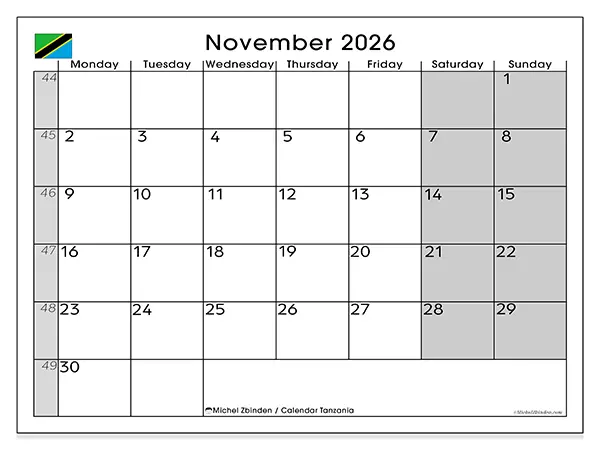 Printable November 2026 calendar - Tanzania