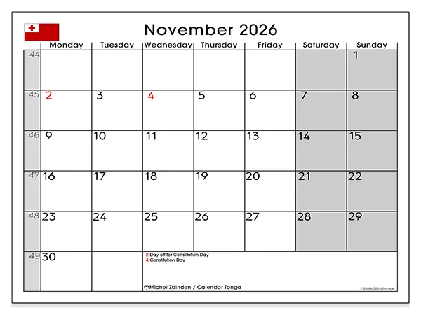Printable November 2026 calendar - Tonga