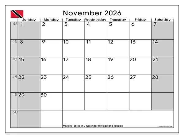 Printable November 2026 calendar - Trinidad and Tobago