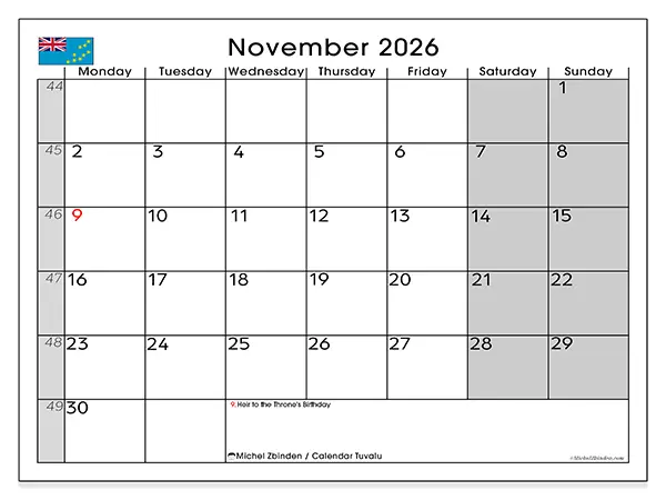 Printable November 2026 calendar - Tuvalu