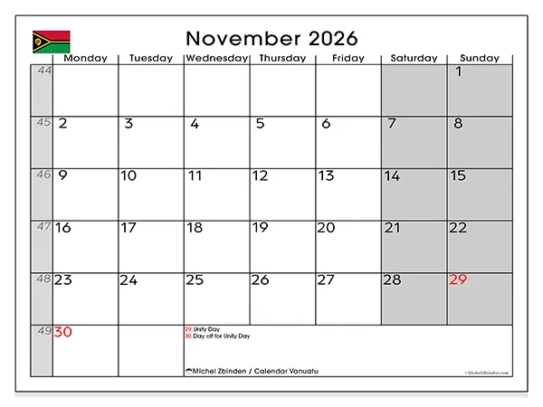 Printable November 2026 calendar - Vanuatu