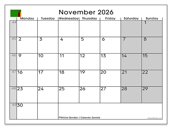 Printable November 2026 calendar - Zambia