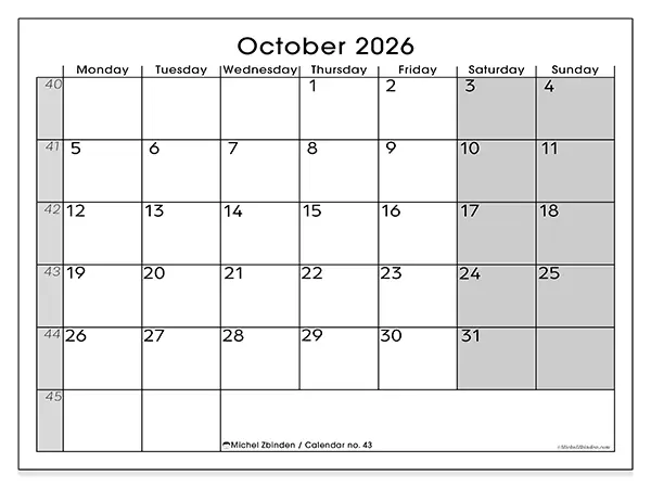 Printable October 2026 calendar - Perfect organization