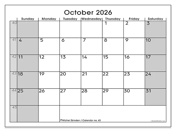 Printable October 2026 calendar - Perfect organization - Week from Sunday to Saturday