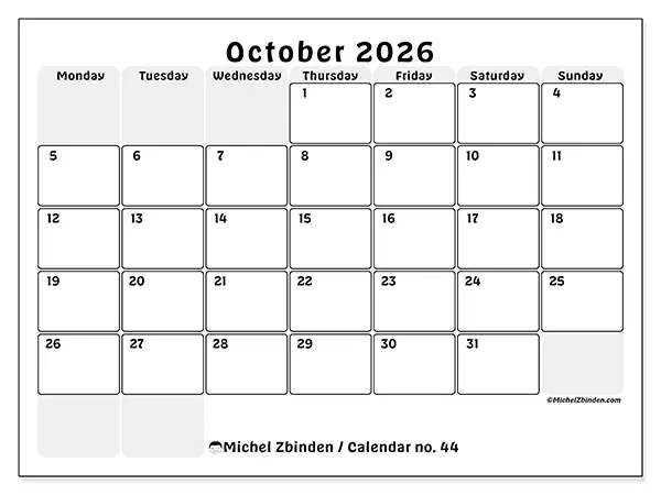 Printable October 2026 calendar - Structured planning