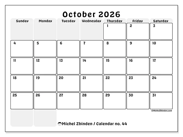 Printable October 2026 calendar - Structured planning - Week from Sunday to Saturday