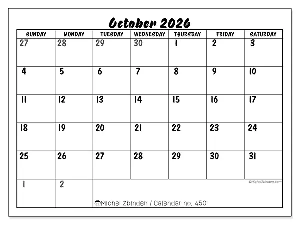 Printable October 2026 calendar - Detailed organization - Week from Sunday to Saturday