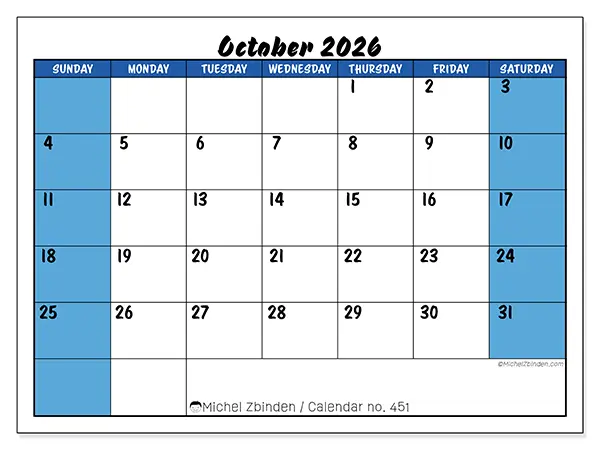 Printable October 2026 calendar - Dynamic organization - Week from Sunday to Saturday