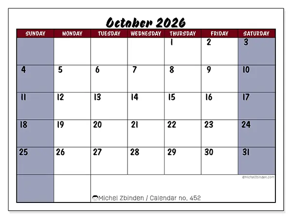 Printable October 2026 calendar - Colorful productivity - Week from Sunday to Saturday
