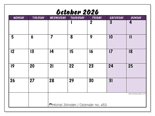 Printable October 2026 calendar - Colorful efficiency