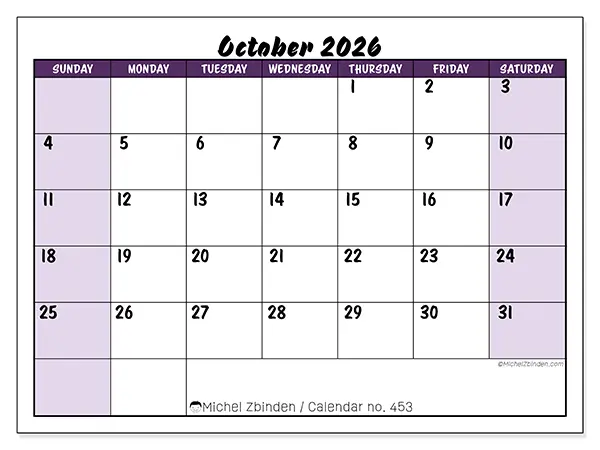 Printable October 2026 calendar - Colorful efficiency - Week from Sunday to Saturday