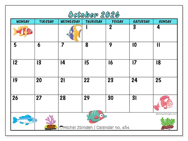Printable October 2026 calendar - Colorful fish