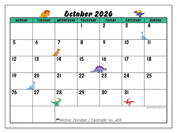 Printable October 2026 calendar - Little dinosaurs