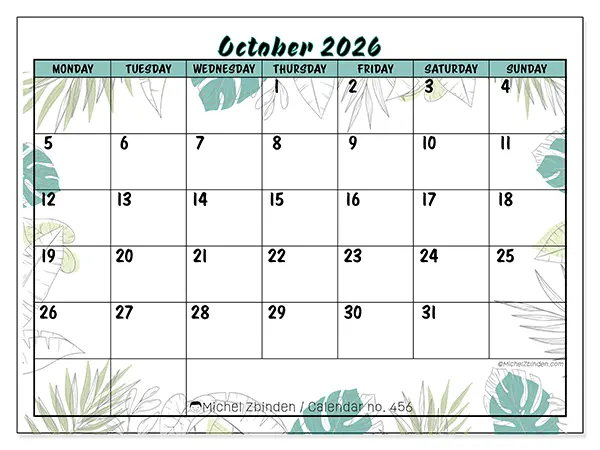 Printable October 2026 calendar - Nature and garden