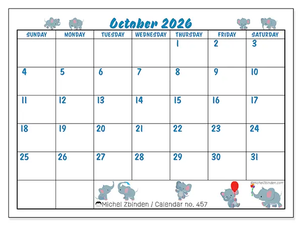 Printable October 2026 calendar - Little elephants - Week from Sunday to Saturday