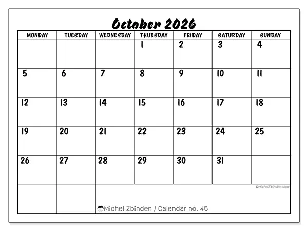 Printable October 2026 calendar - Academic success