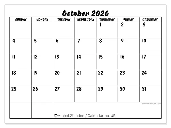 Printable October 2026 calendar - Academic success - Week from Sunday to Saturday