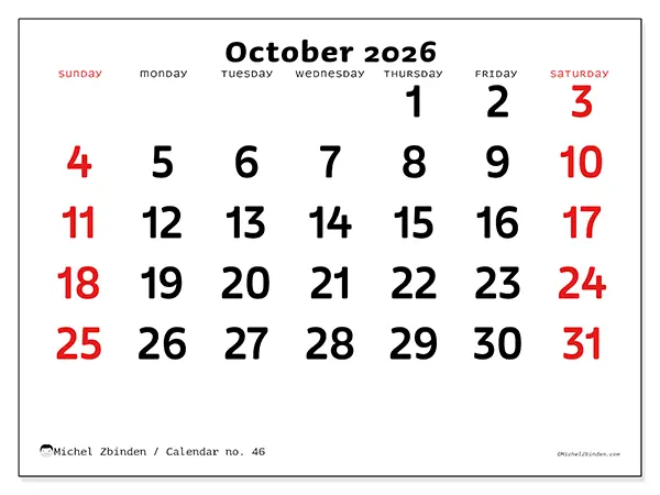 Printable October 2026 calendar - Clear vision - Week from Sunday to Saturday