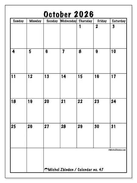 Printable October 2026 calendar - Efficient planning - Week from Sunday to Saturday