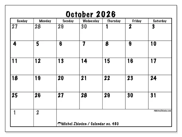 Printable October 2026 calendar - Complete planning - Week from Sunday to Saturday