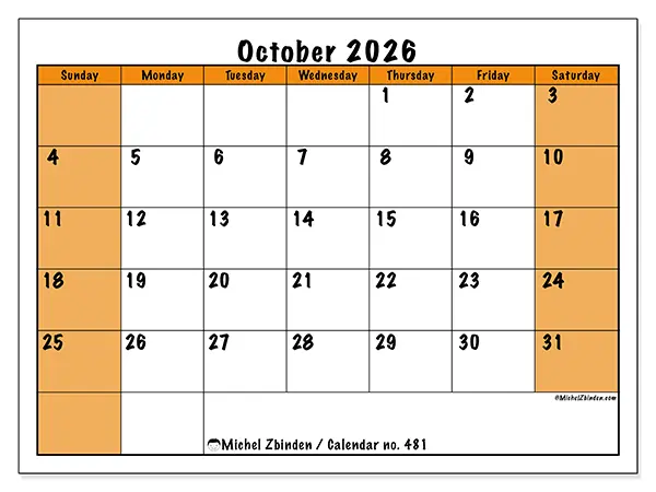 Printable October 2026 calendar - Dynamic planning - Week from Sunday to Saturday