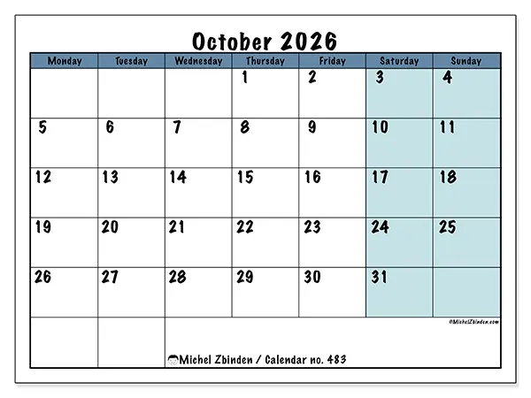 Printable October 2026 calendar - Structured for school