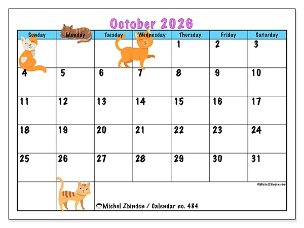Printable October 2026 calendar - Love of cats - Week from Sunday to Saturday
