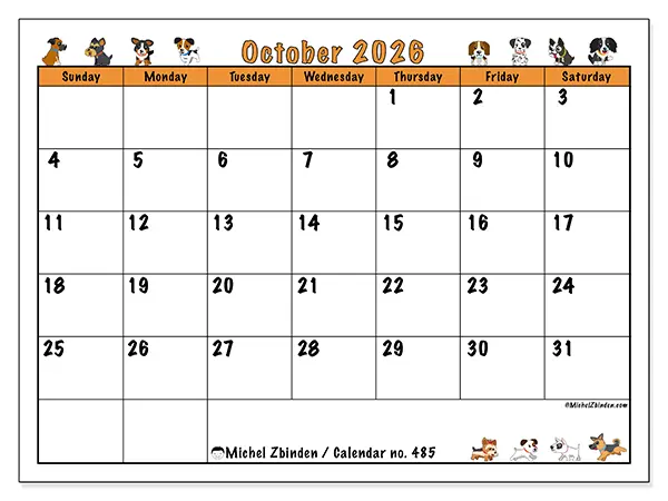 Printable October 2026 calendar - Enthusiastic dogs - Week from Sunday to Saturday