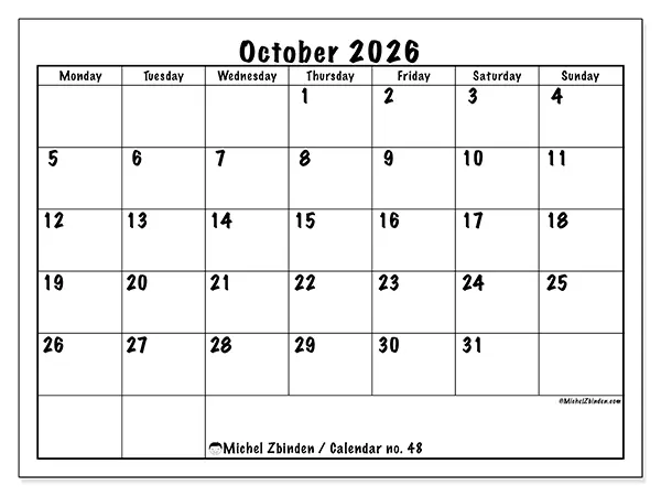 Printable October 2026 calendar - Daily efficiency