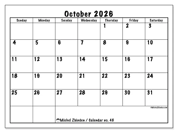 Printable October 2026 calendar - Daily efficiency - Week from Sunday to Saturday