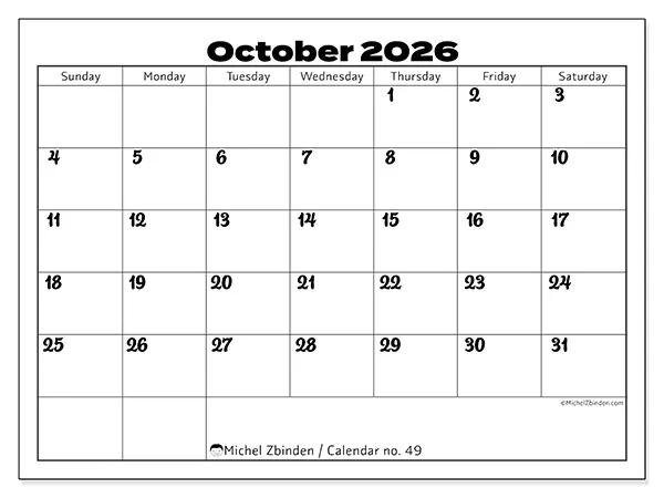 Printable October 2026 calendar - Productive coordination - Week from Sunday to Saturday