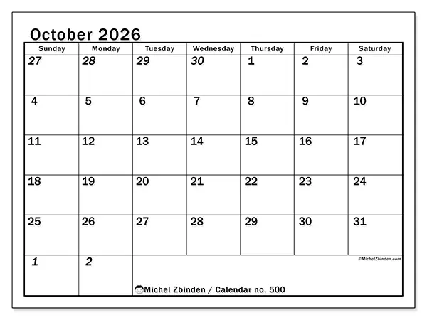 Printable October 2026 calendar - Intensive planning - Week from Sunday to Saturday