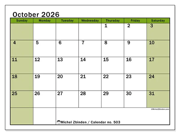 Printable October 2026 calendar - Lively organization - Week from Sunday to Saturday