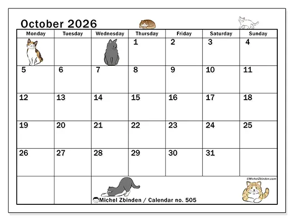 Printable October 2026 calendar - Cat life