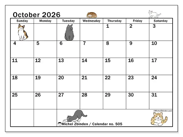 Printable October 2026 calendar - Cat life - Week from Sunday to Saturday