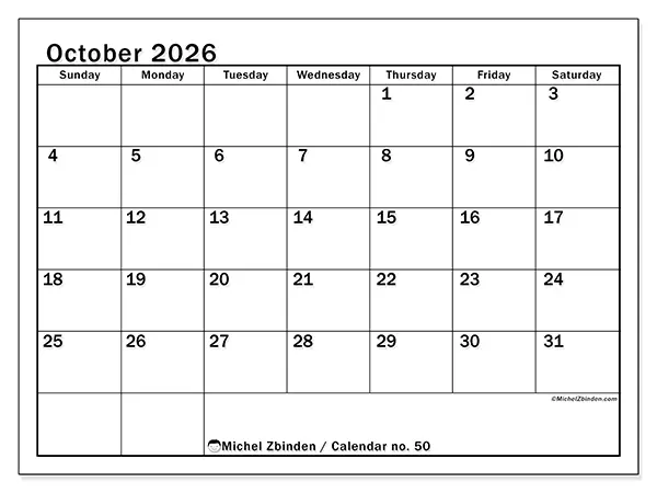 Printable October 2026 calendar - Optimal planning - Week from Sunday to Saturday