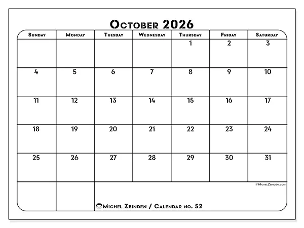 Printable October 2026 calendar - Professional organization - Week from Sunday to Saturday