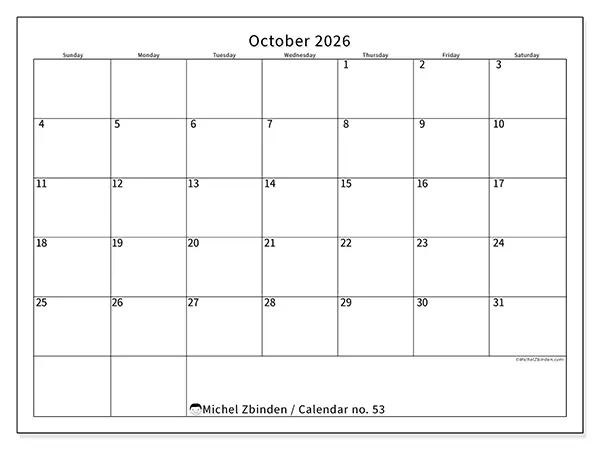 Printable October 2026 calendar - Efficient schedule - Week from Sunday to Saturday