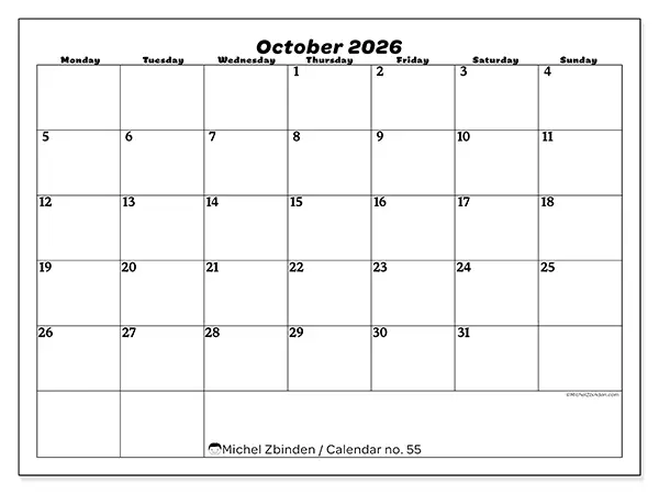 Printable October 2026 calendar - Leisure organization