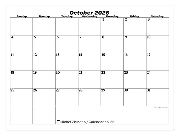 Printable October 2026 calendar - Leisure organization - Week from Sunday to Saturday