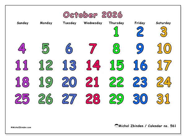 Printable October 2026 calendar - Creative moments - Week from Sunday to Saturday