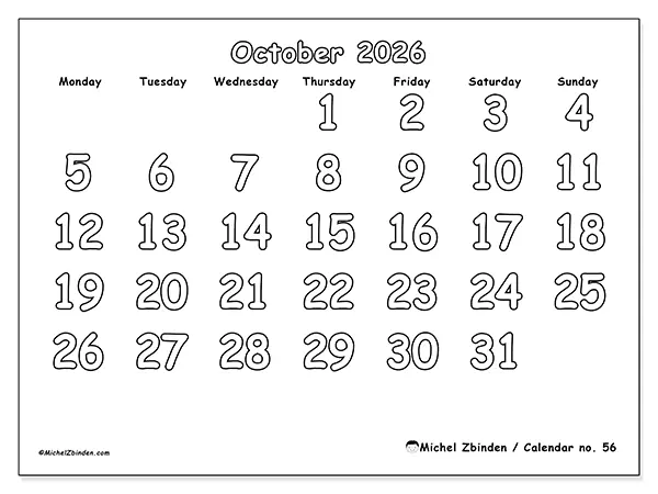 Printable October 2026 calendar - Useful coloring