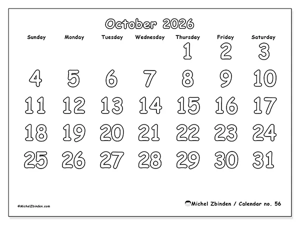 Printable October 2026 calendar - Useful coloring - Week from Sunday to Saturday