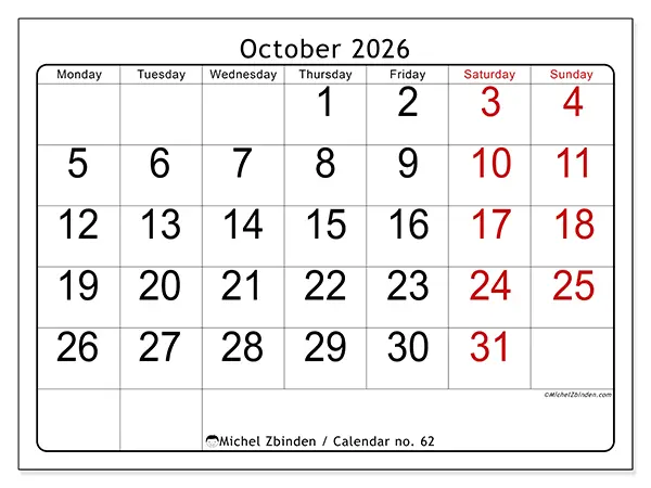 Printable October 2026 calendar - Speed reading