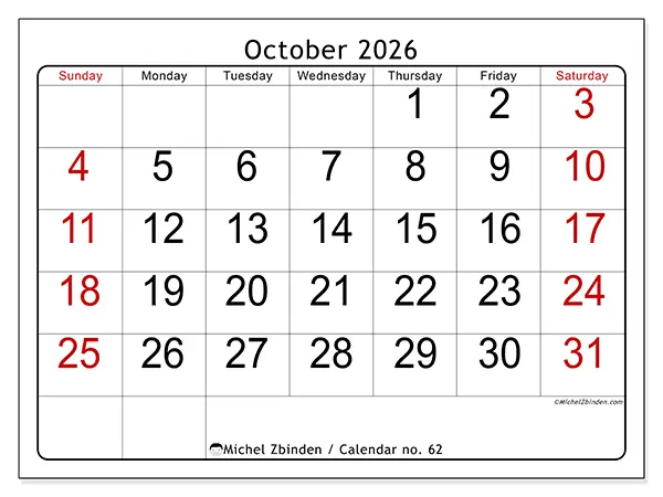 Printable October 2026 calendar - Speed reading - Week from Sunday to Saturday